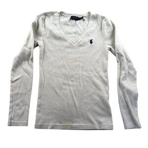 Polo Ralph Lauren Mens T-Shirt Small White Long Sleeve V-Neck Cotton Top Classic